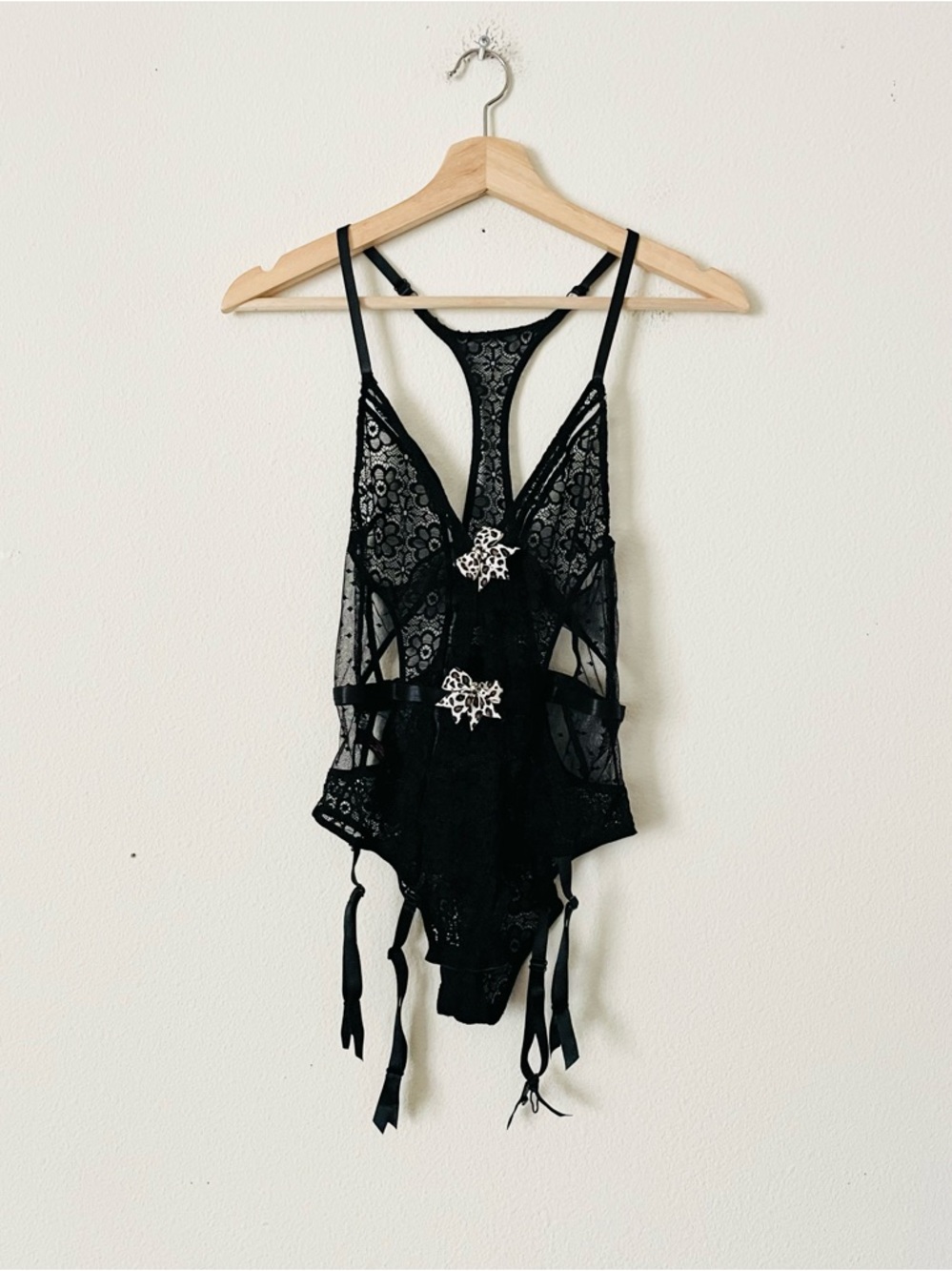Black fuchsia by Secret MEDIUM strappy black cutout bodysuit with garters